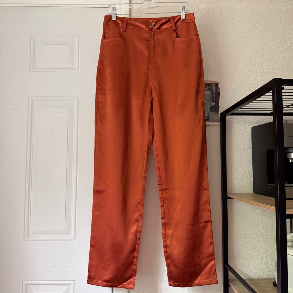 MINAA MONROE‎ rust orange satin straight leg pants trousers